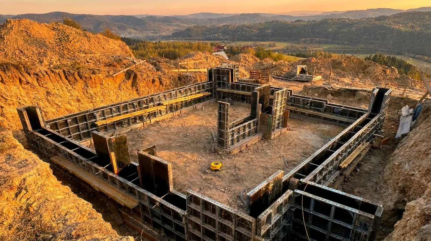 Szalunki ław fundamentowych w wykopie pod dom, panorama małopolskich wzgórz o zachodzie słońca