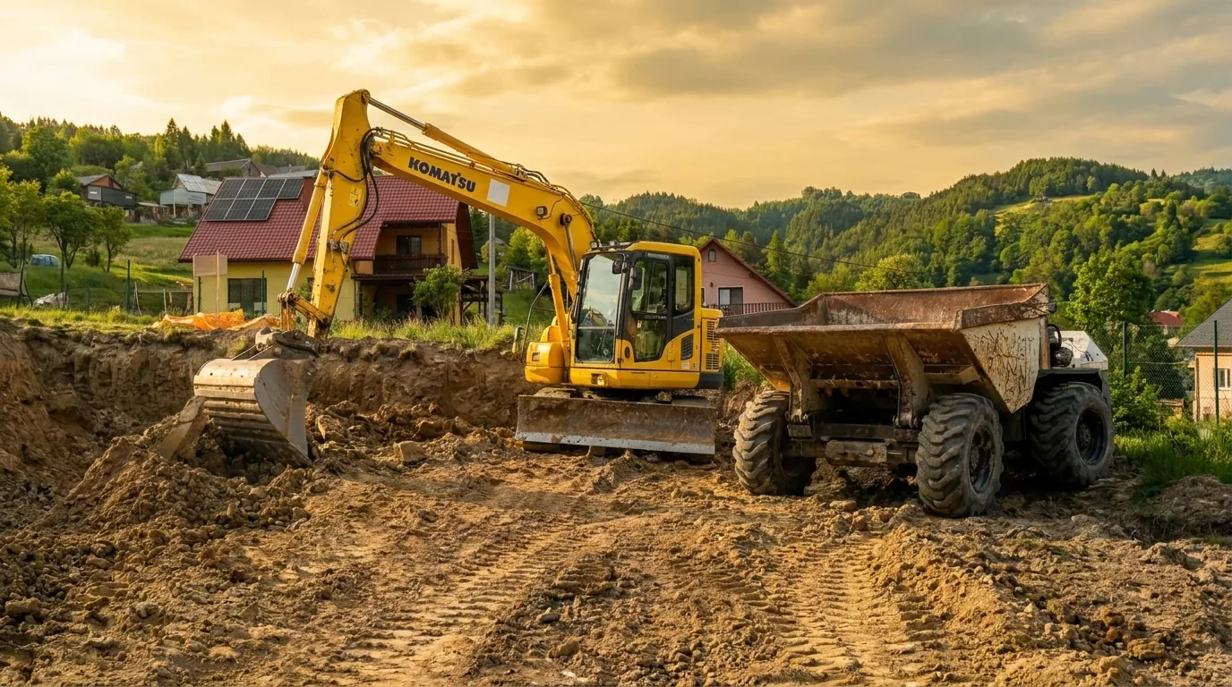 Koparka Komatsu i wozidło podczas robót ziemnych na budowie w górskiej Małopolsce o zachodzie słońca